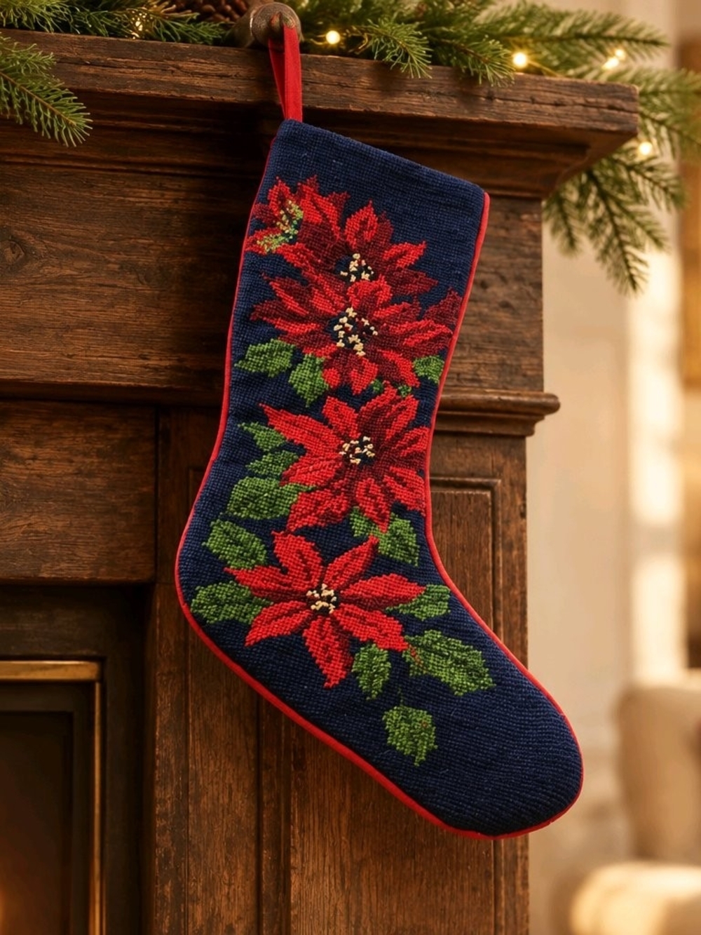 Vintage Wool Needlepoint Navy Poinsettia Holiday Stocking with Red Trim